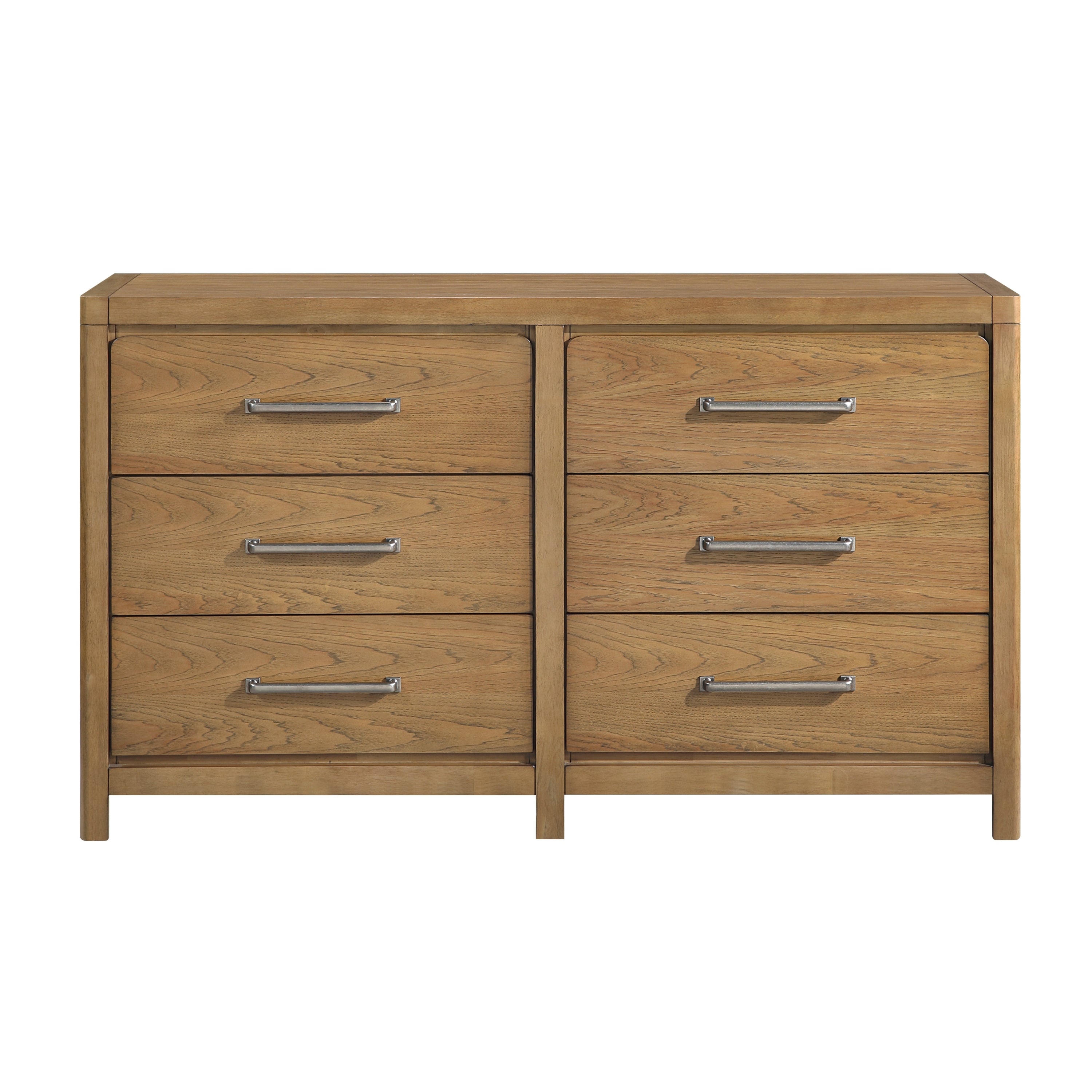 Modern 6-drawer dresser in light brown wood finish with horizontal brushed metal bar pulls on a simple frame.