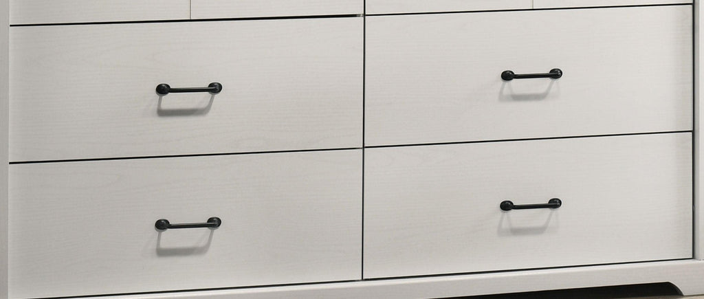 Elara White 6-Drawer Dresser with Black Handles.