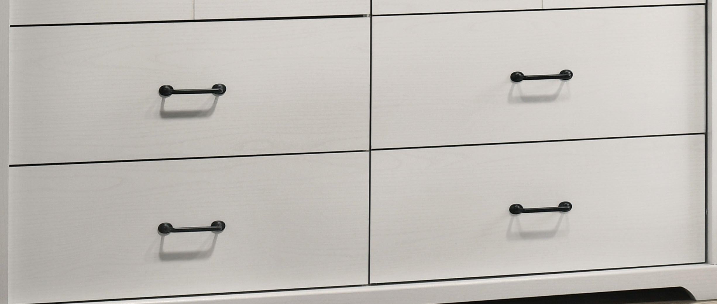 Elara White 6-Drawer Dresser with Black Handles.