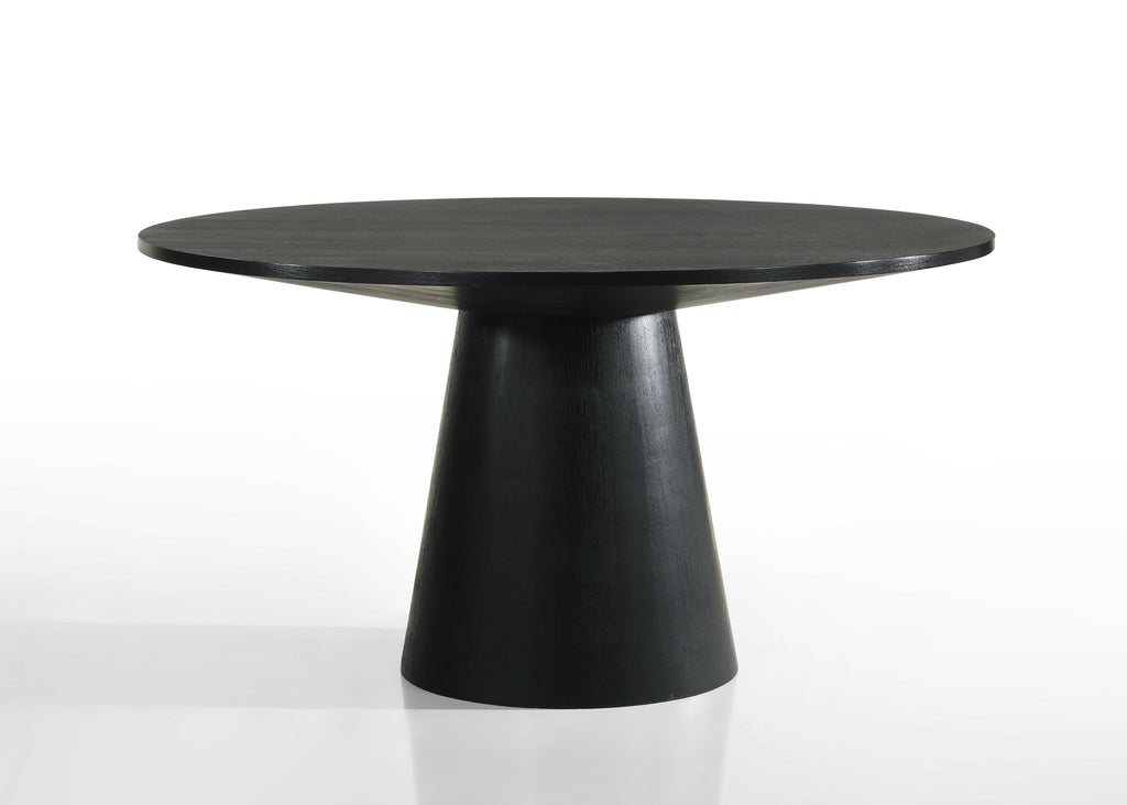 Jasper round dining table in ebony black wood with pedestal base. Minimalist design for modern dining rooms.