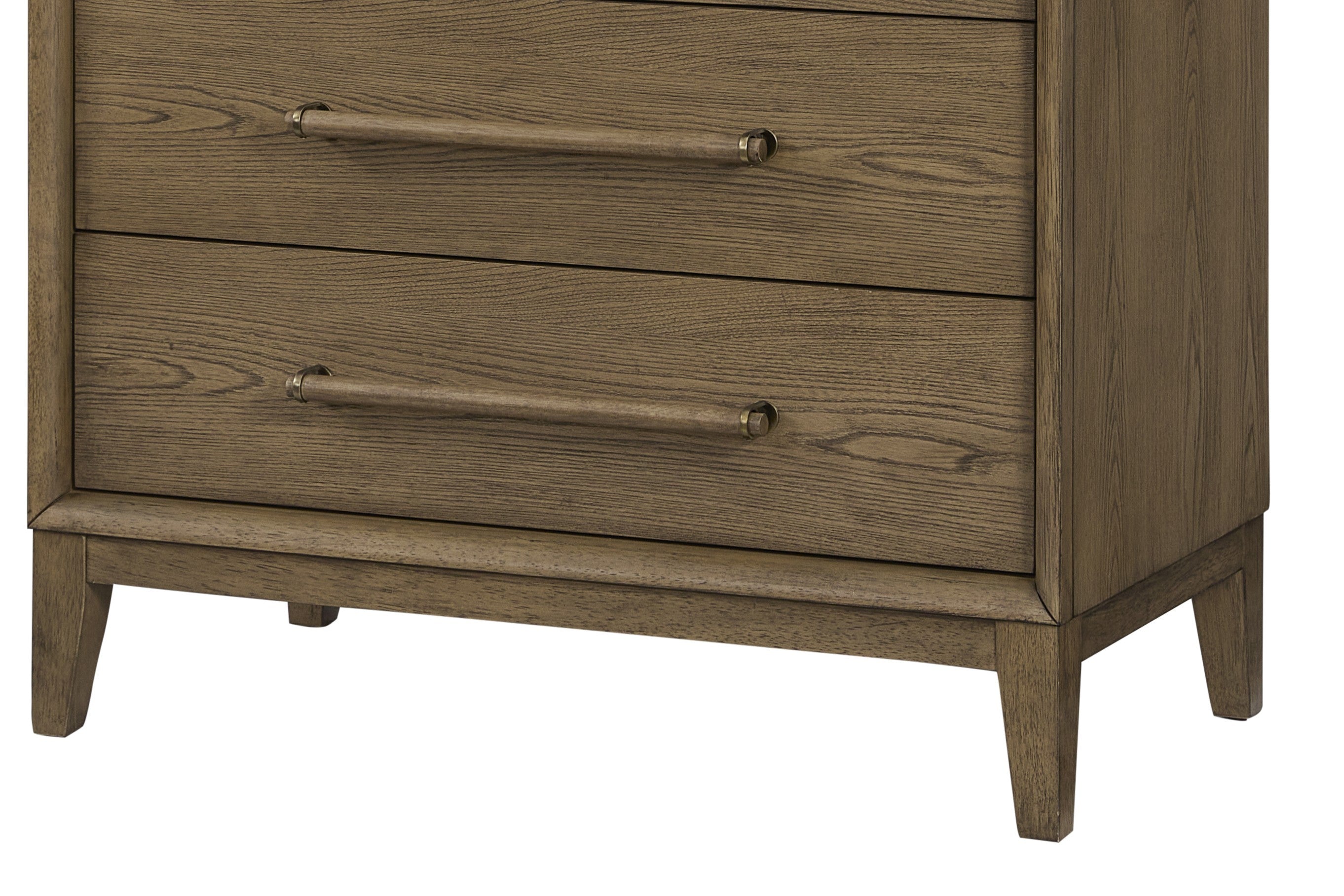 Detail view of lower drawers on Small Chest - Latte, showcasing solid wood construction and tapered legs for a modern rustic look.