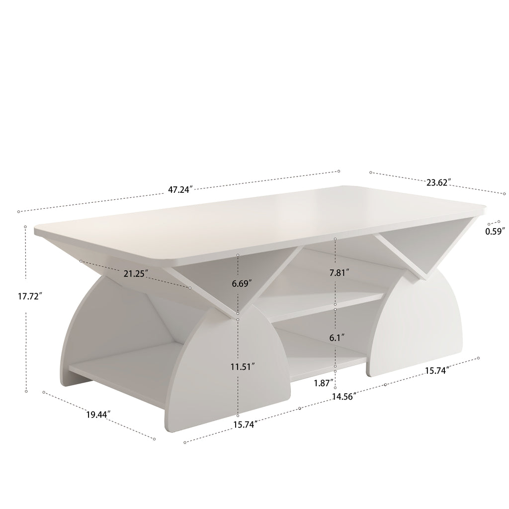 Dimension diagram of engineered wood coffee table with six storage spaces and modern geometric design. Ideal for living rooms.