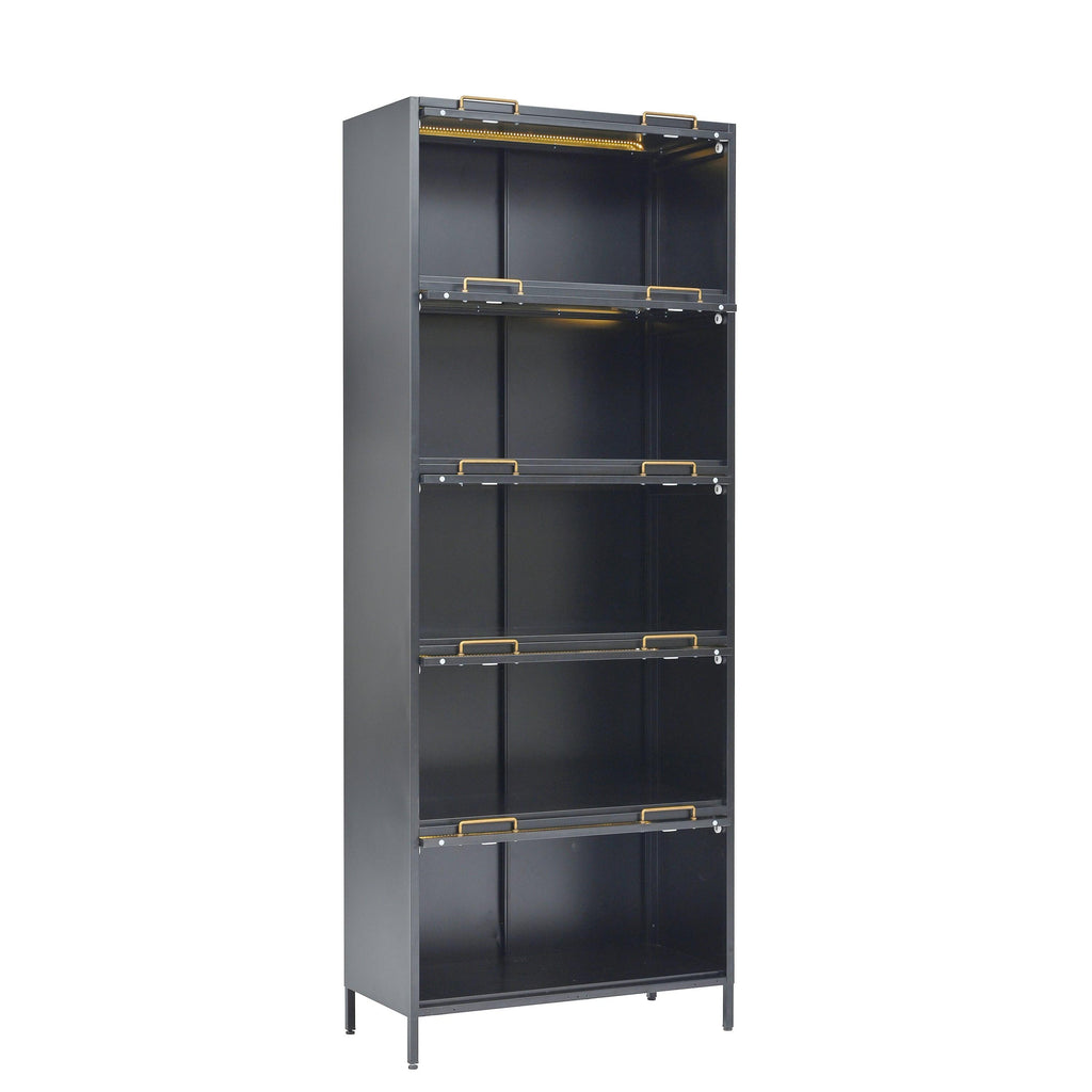 Iron Display Cabinet with Glass Doors - 5-Tier Bookcase.