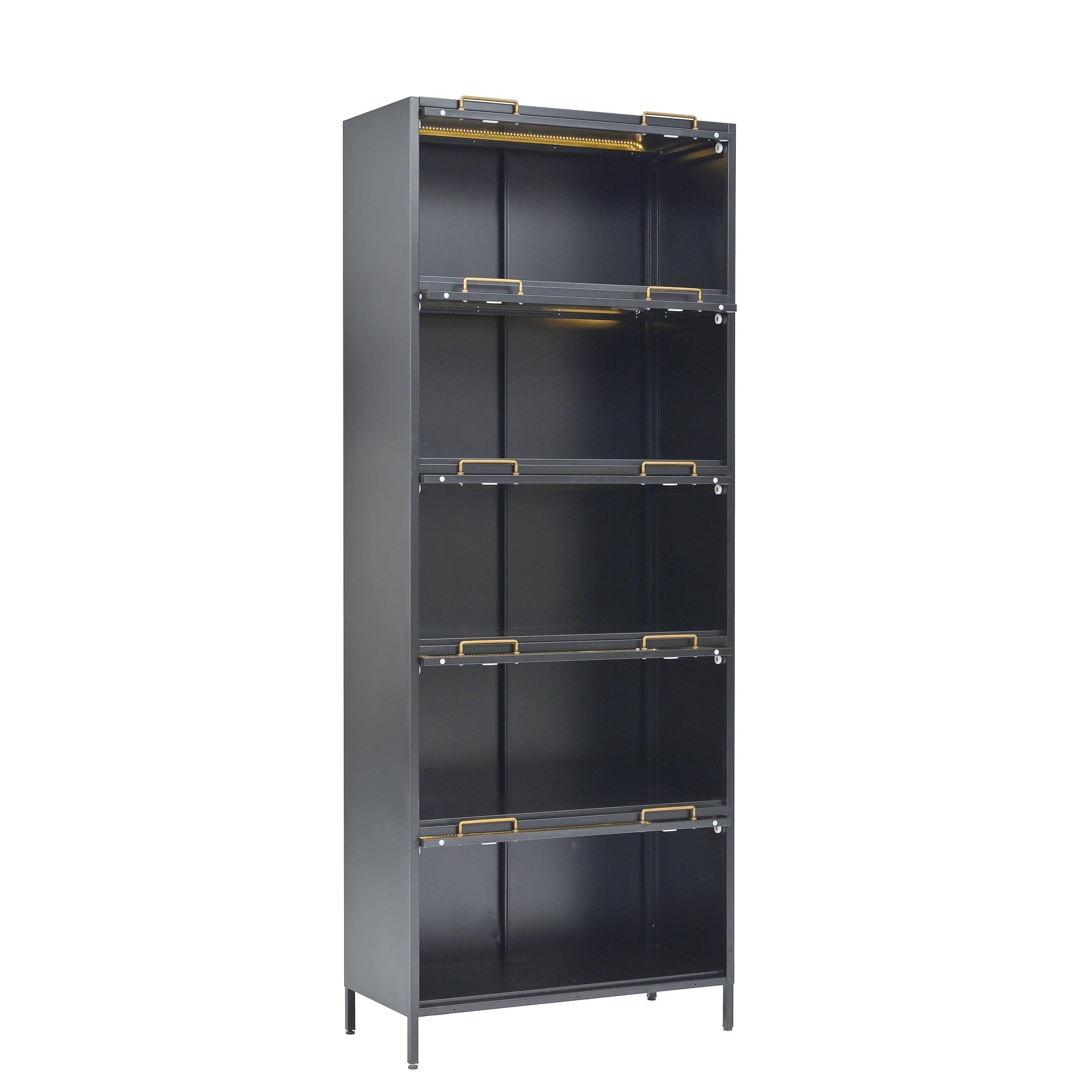 Iron Display Cabinet with Glass Doors - 5-Tier Bookcase.