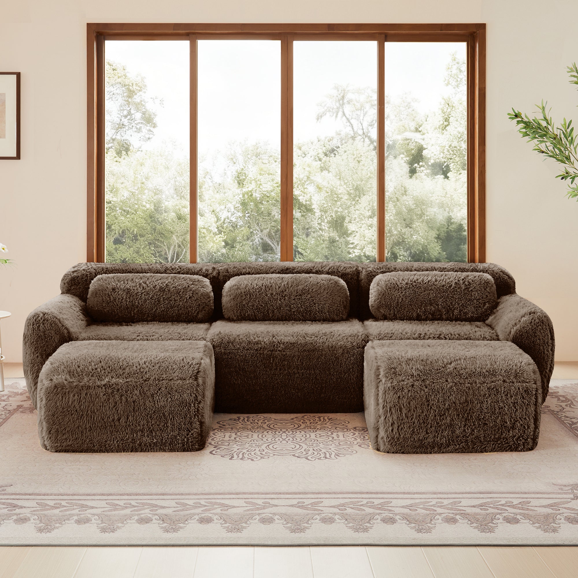 Front view of plush chocolate modular U-shaped sofa with deep seating and no-leg design, perfect for cozy and stylish home interiors.