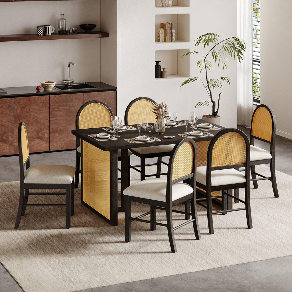 TREXM 7-Piece Farmhouse Dining Table Set for 6 - 59.8' Rectangular Dining Table with Distressed Oak Veneer and 6 Rattan Chairs, Rustic Kitchen Furniture for Dining Room(Espresso).