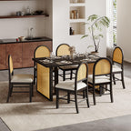 TREXM 7-Piece Farmhouse Dining Table Set for 6 - 59.8' Rectangular Dining Table with Distressed Oak Veneer and 6 Rattan Chairs, Rustic Kitchen Furniture for Dining Room(Espresso).