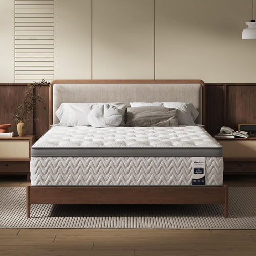 6 Inch Twin Mattress - Foam & Springs Hybrid on modern wooden bed frame in cozy bedroom. Fiberglass-free, no odor, ideal for kids or guest rooms.
