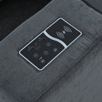 Detail of modular sofa's smart control panel with USB ports, wireless charging pad, and media controls integrated into the armrest.