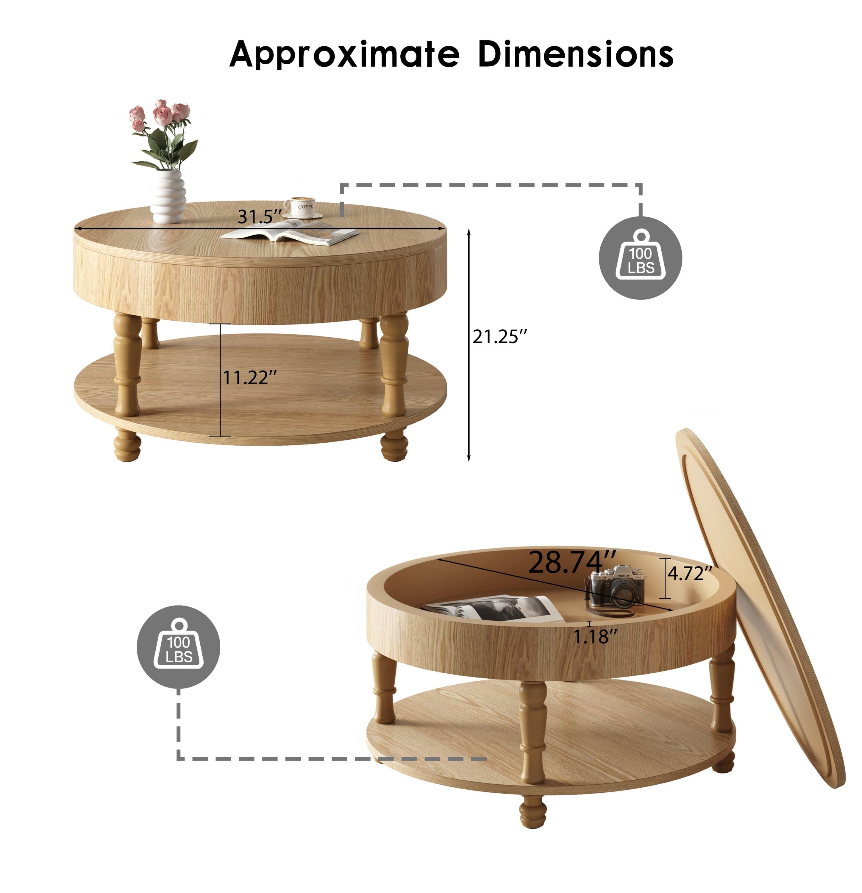 Coffee Table with Dual Storage for Living Room, 31.5' Modern Round Coffee Table with Storage and Hidden Compartment, Adjustable Leveling Feet, Easy Assembly(Natrual Wood).