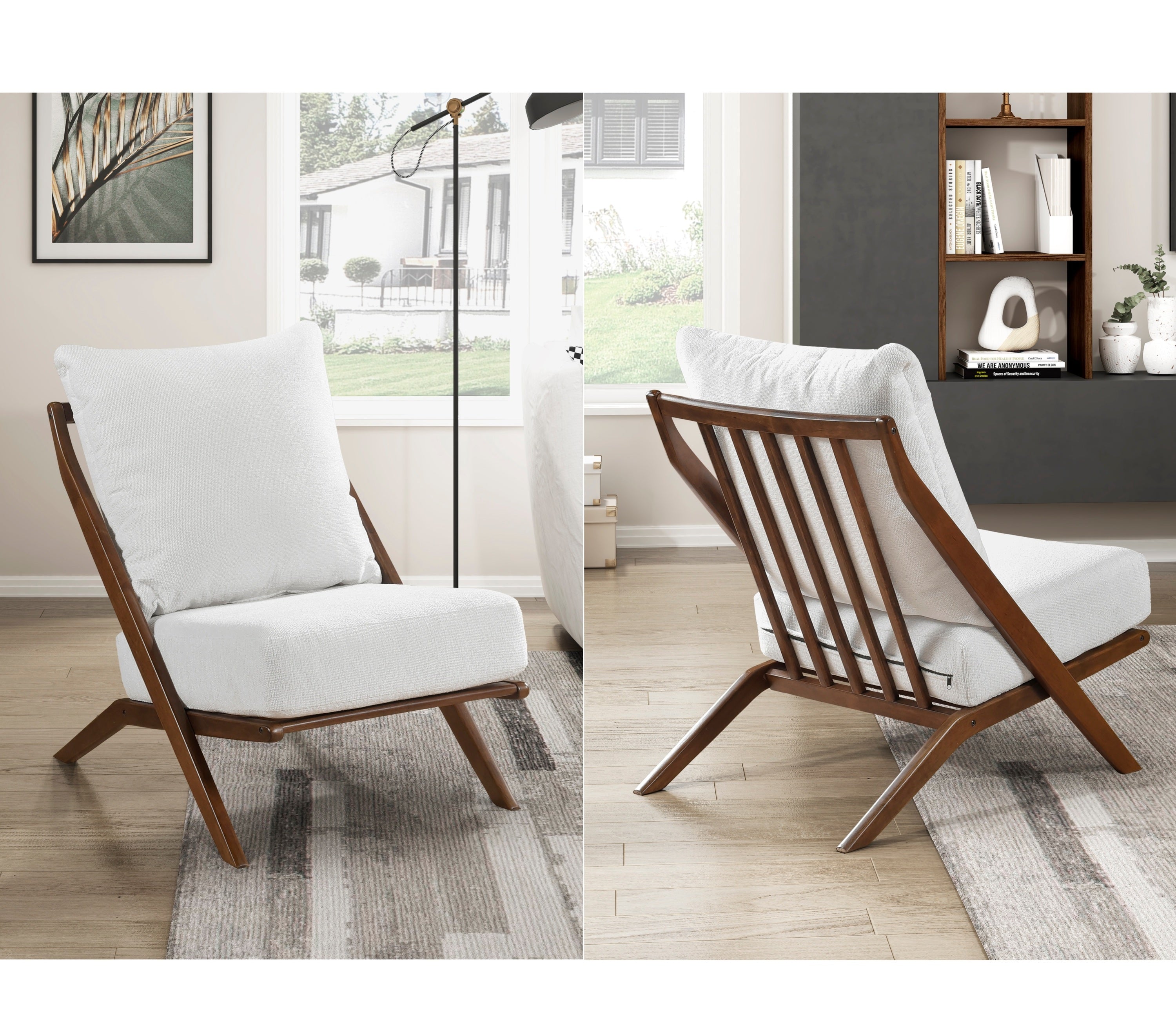 Beige Chenille Accent Chair with Brown Rubberwood Frame