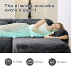 Woman lying on Modular Plush Sectional Sofa armrest, showing extra support and pet-friendly, soft-touch features.