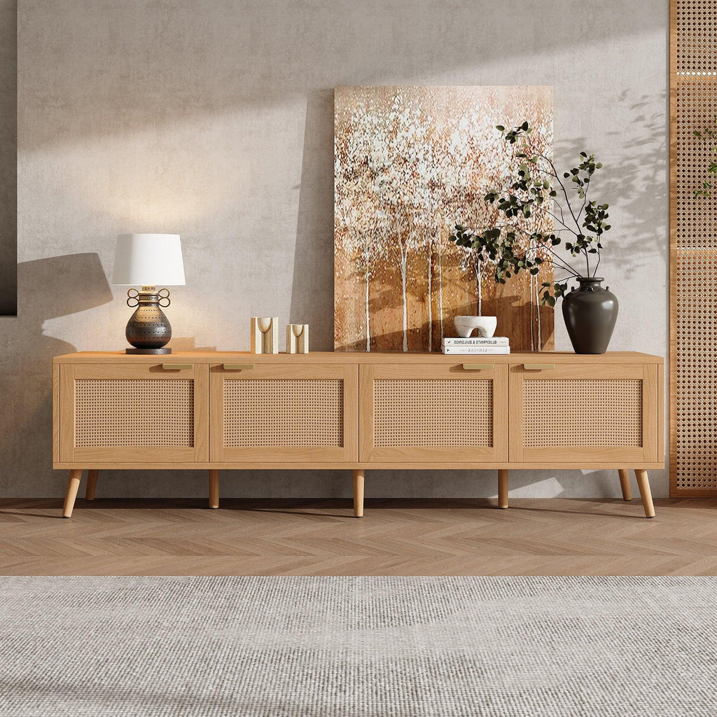 Modern TV Stand with Rattan Doors for 80in TVs.