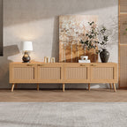 Modern TV Stand with Rattan Doors for 80in TVs.