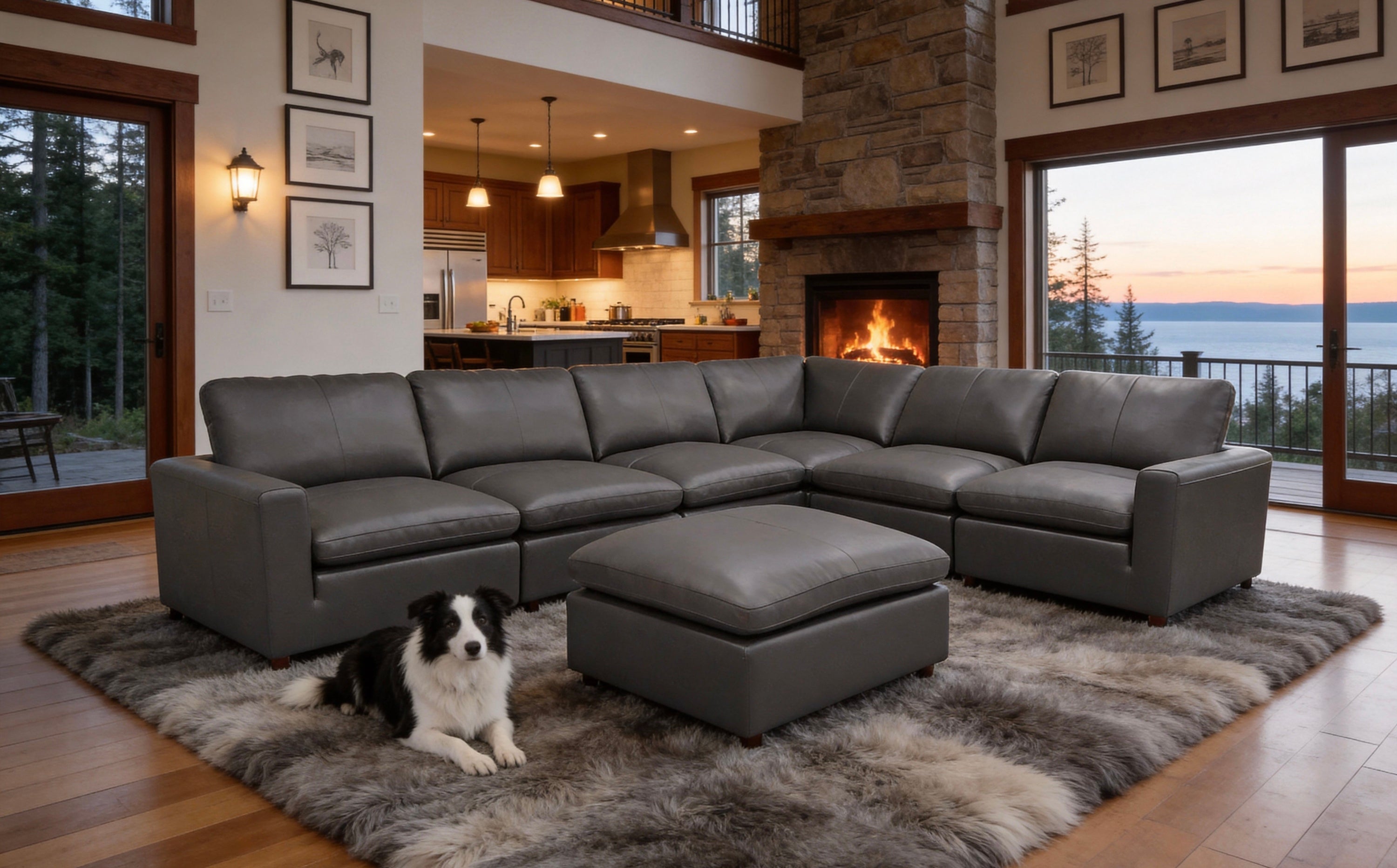 Blue Gray 7-Seater Leather Match L-Shaped Modular Sectional Sofa
