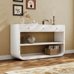 55-Inch Modern Curved White Console Table with Drawers and Shelves