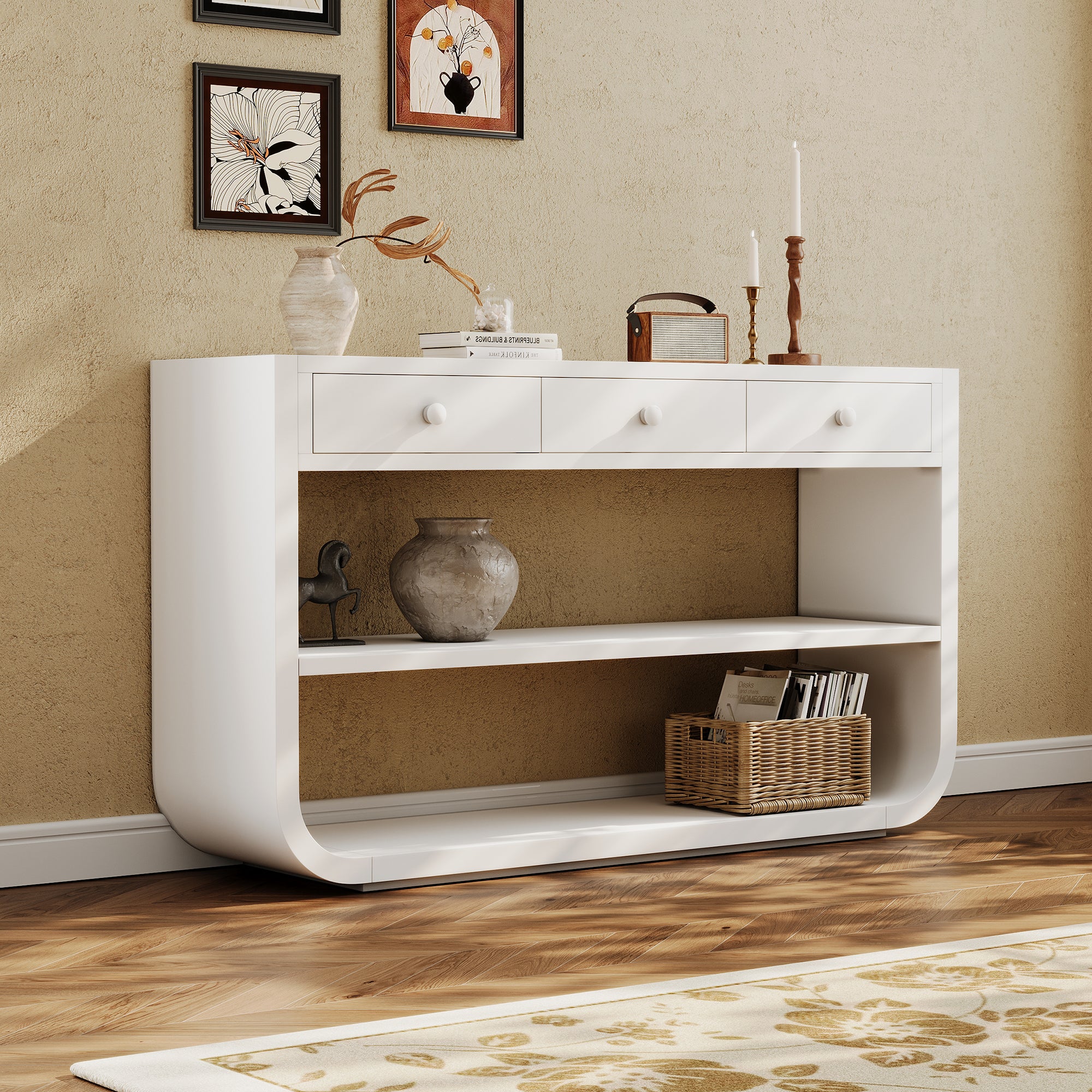 55-Inch Modern Curved White Console Table with Drawers and Shelves