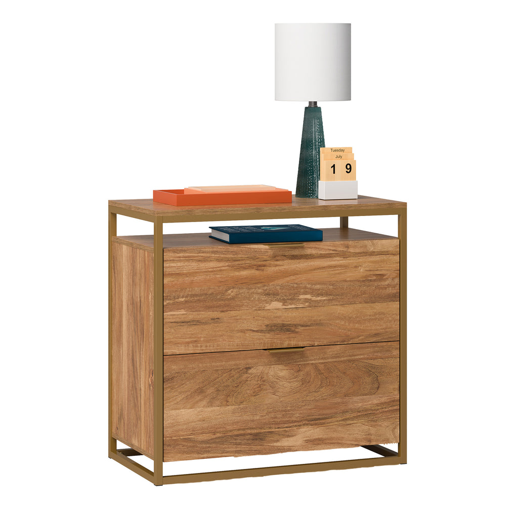 Brown lateral file cabinet styled with lamp and accessories, ideal for modern office or home workspace organization.
