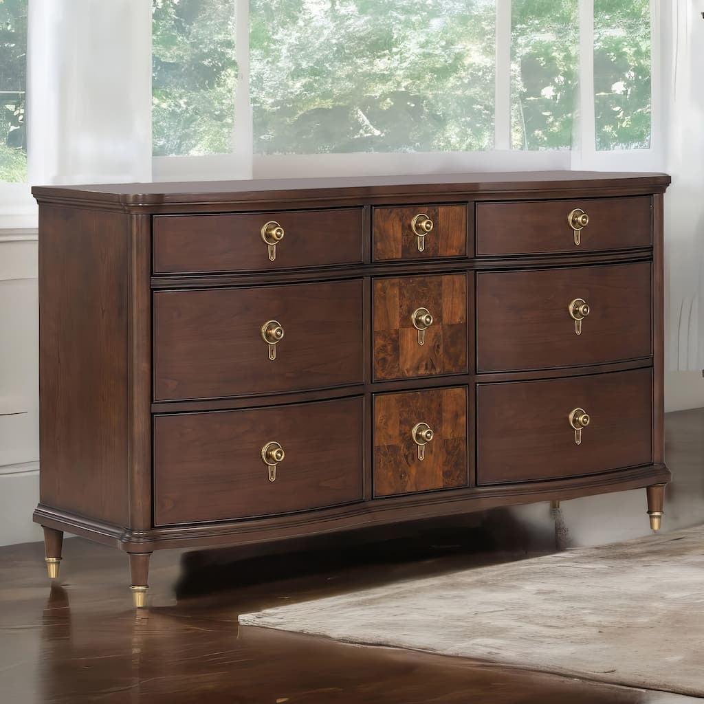 Transitional Dresser with Gold Capped Legs in Dark Cherry.