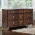 Transitional Dresser with Gold Capped Legs in Dark Cherry.