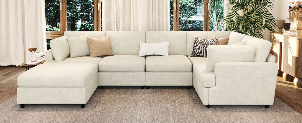 Front view of U-shaped sectional sofa with ottoman, showcasing its modular design and plush chenille upholstery.