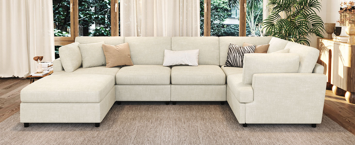 Front view of U-shaped sectional sofa with ottoman, showcasing its modular design and plush chenille upholstery.