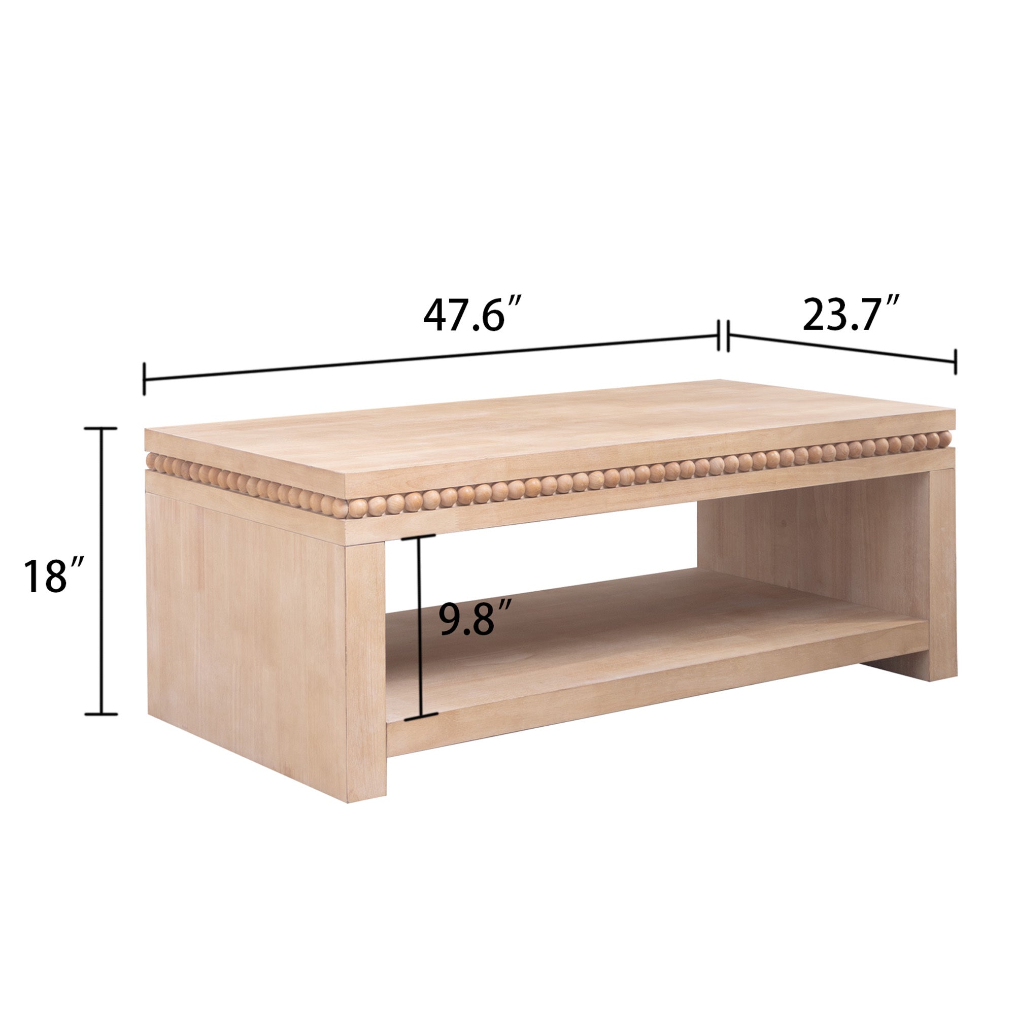 Dimensions of modern wood coffee table with open storage shelf and beaded trim, measuring 47.6 x 23.7 x 18 inches.