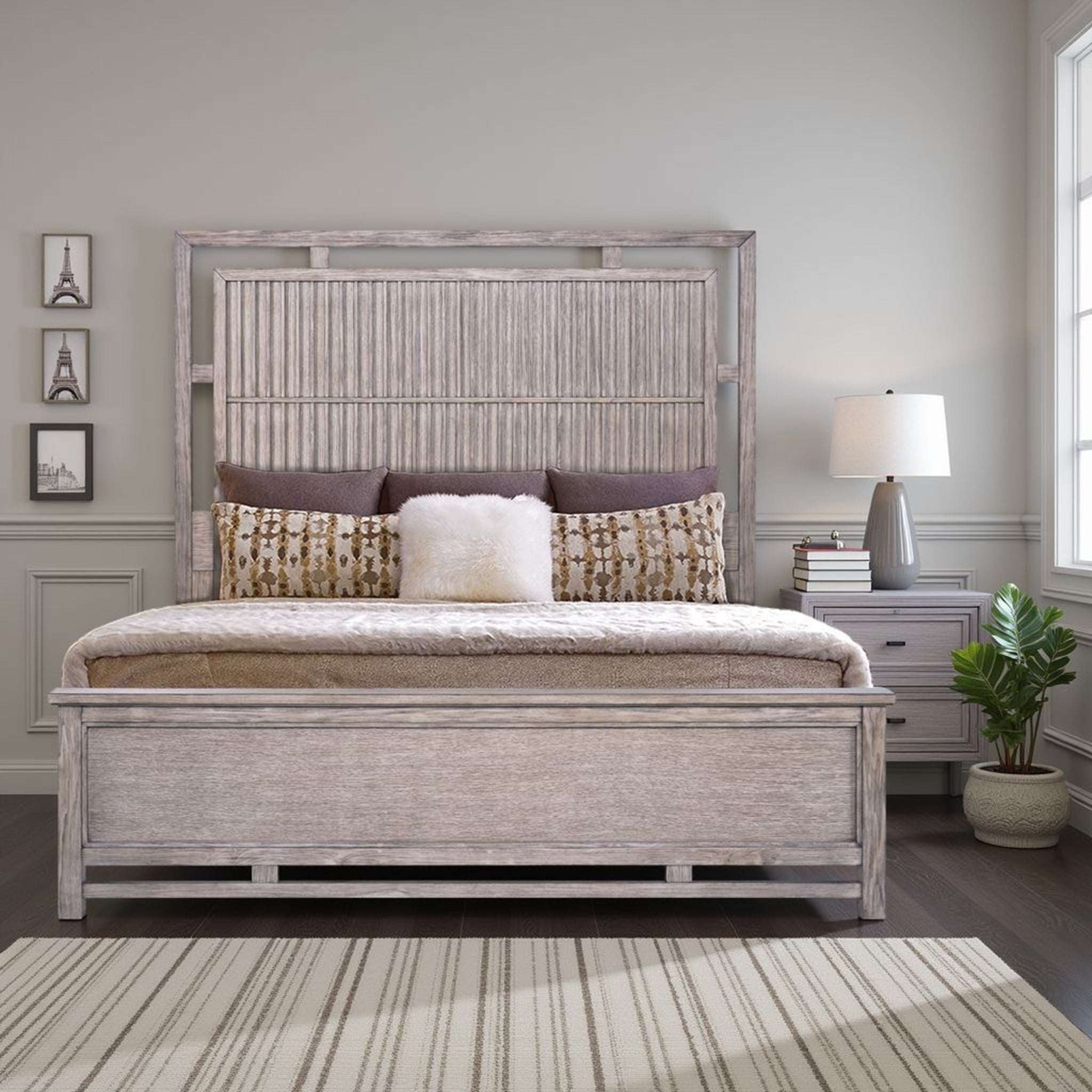 Fusion King Size Bed in oak with slatted headboard and USB ports, styled in a bright bedroom. Easy to assemble and perfect for contemporary decor.