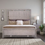 Queen Size Panel Bed - Dawn Finish with USB ports, styled in bright bedroom with neutral decor and vertical slat headboard design.