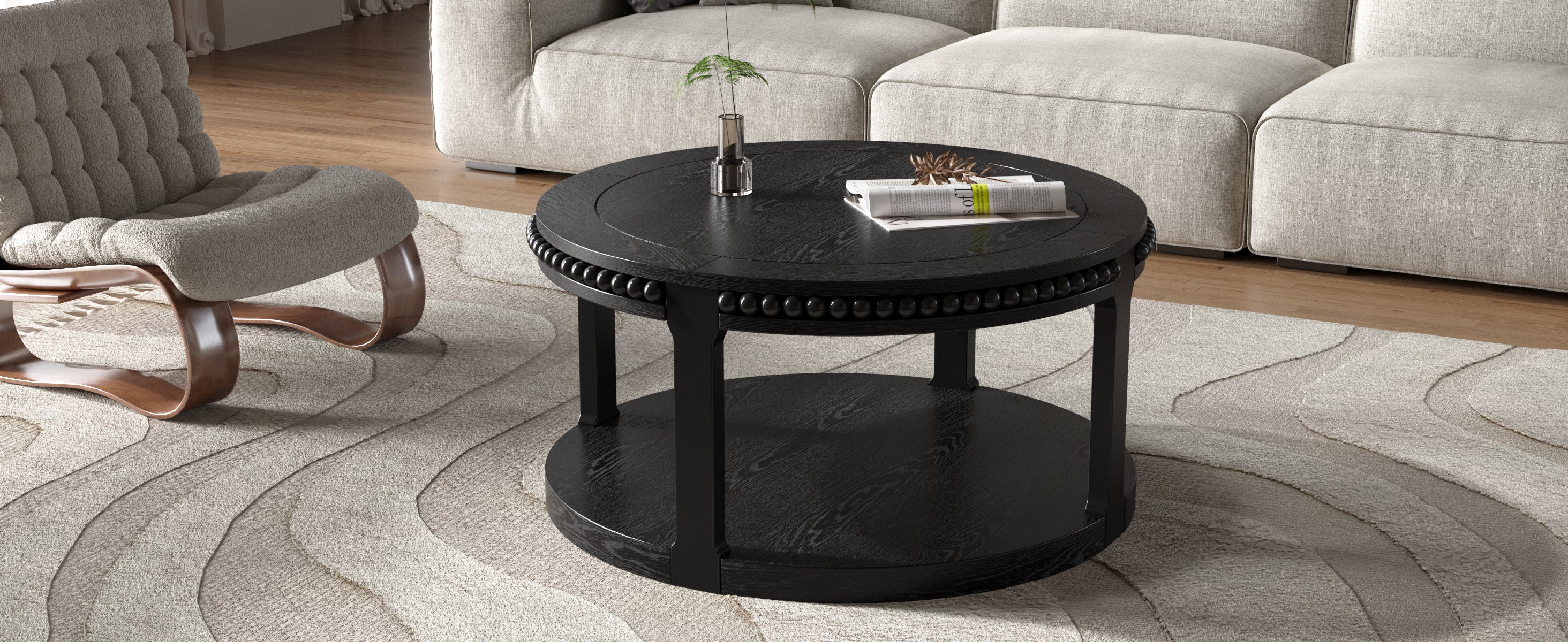 31.5 Inch Solid Wood Round Coffee Table for Living Room,2-Tier Rustic Wood Desktop with Storage Shelf Modern Design Home Furniture (Black)