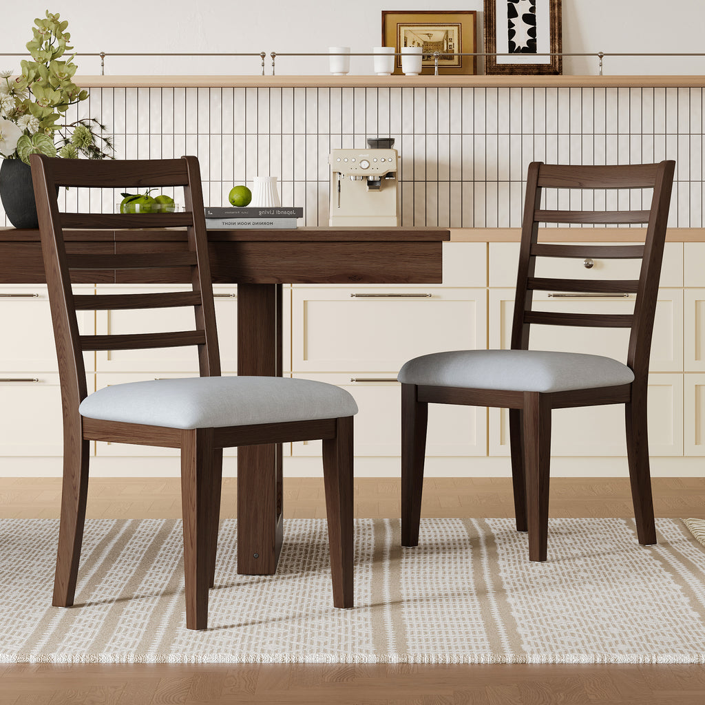 2-Piece Farmhouse Ladder Back Dining Chairs in Walnut & Beige