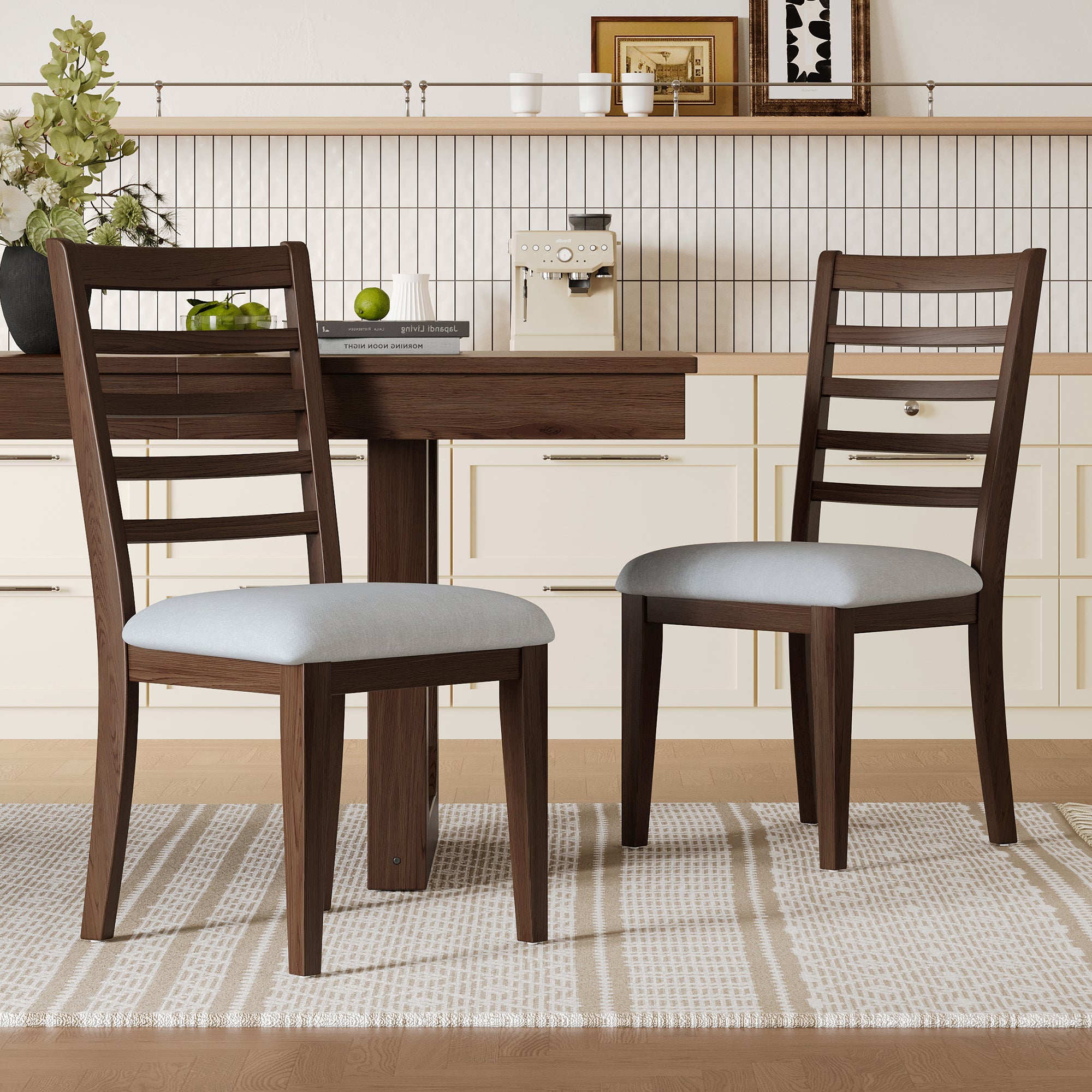 2-Piece Farmhouse Ladder Back Dining Chairs in Walnut & Beige