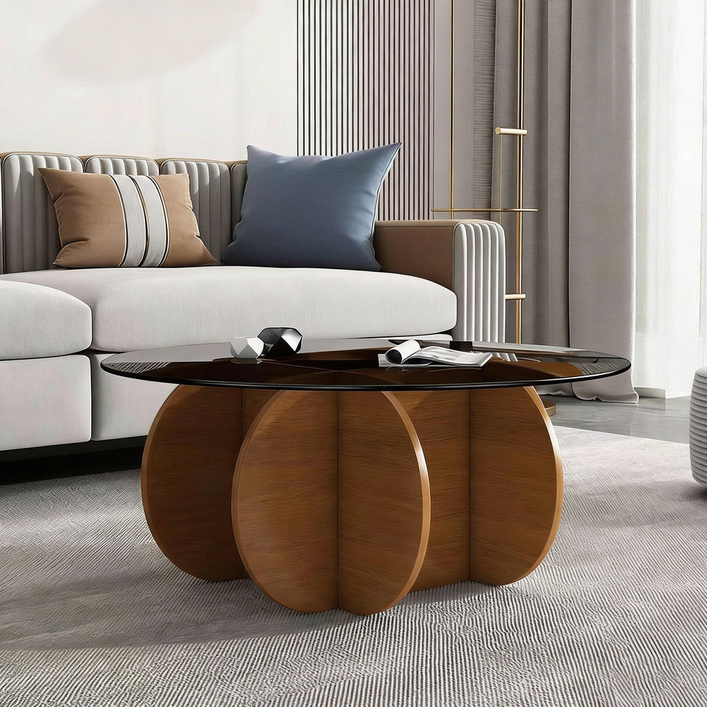 Modern Round Coffee Table - Walnut and Glass Design.