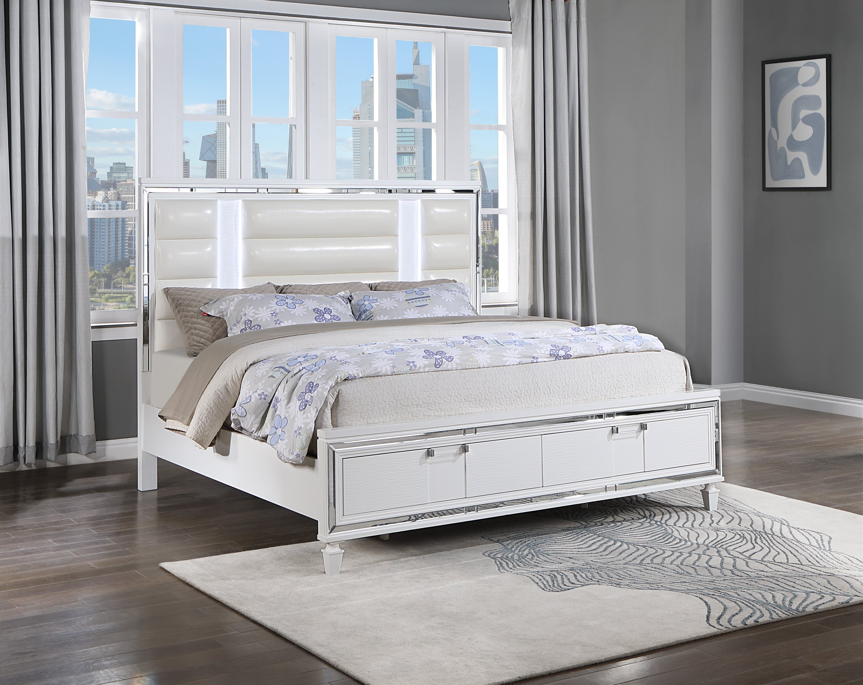 Sparkling White Queen Storage Bed with LED Headboard and Faux Leather