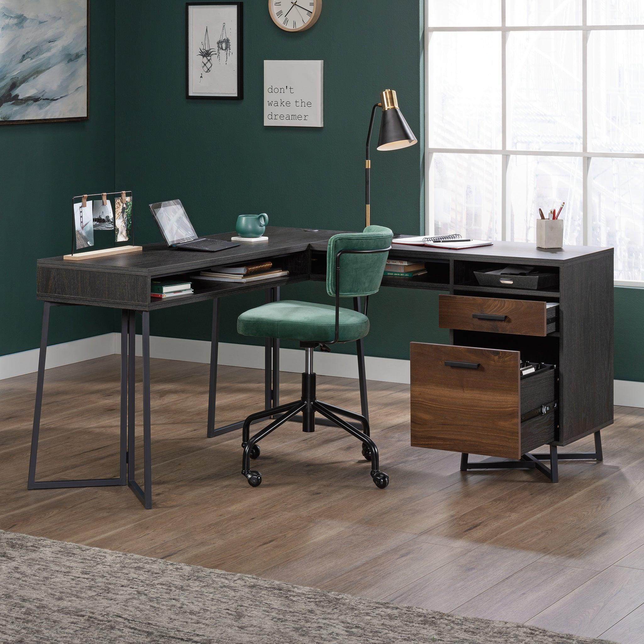 L-Shaped Desk with 2 Drawers and Cubbyholes.