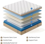 Layer breakdown of Queen Hybrid Memory Foam Mattress 14 Inch, featuring gel memory foam, comfort foam, and pocket coils for support.