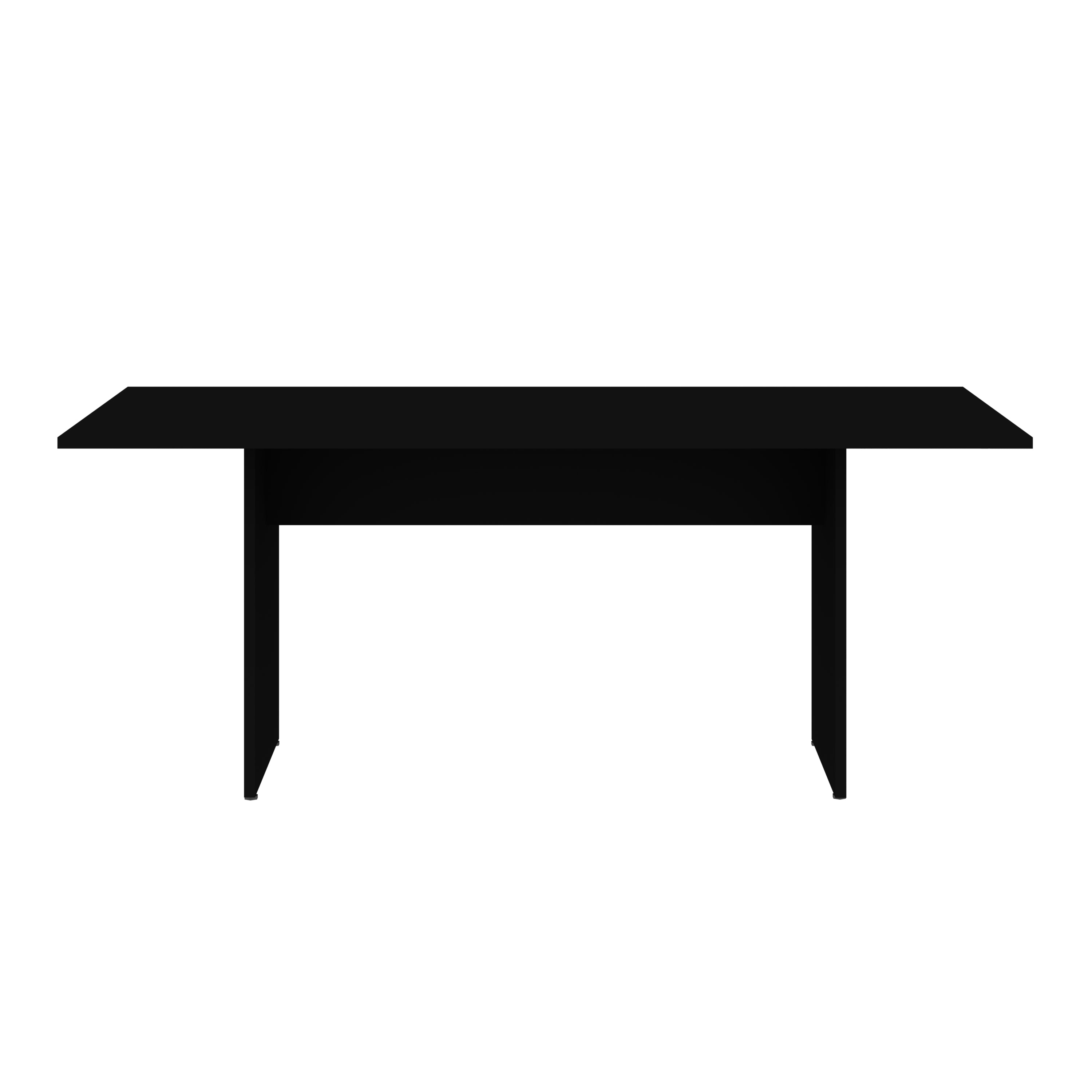 Front view of black dining table seating 6. Minimalist design with sturdy base, ideal for modern dining room setups.