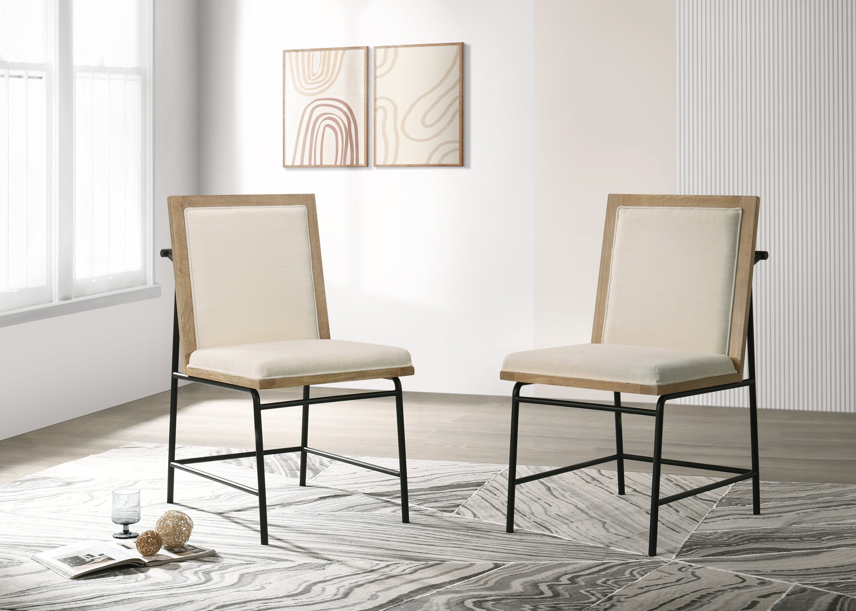 Oak Finish Dining Chairs Set in modern room with fabric seats and black metal frames, ideal for contemporary home interiors.