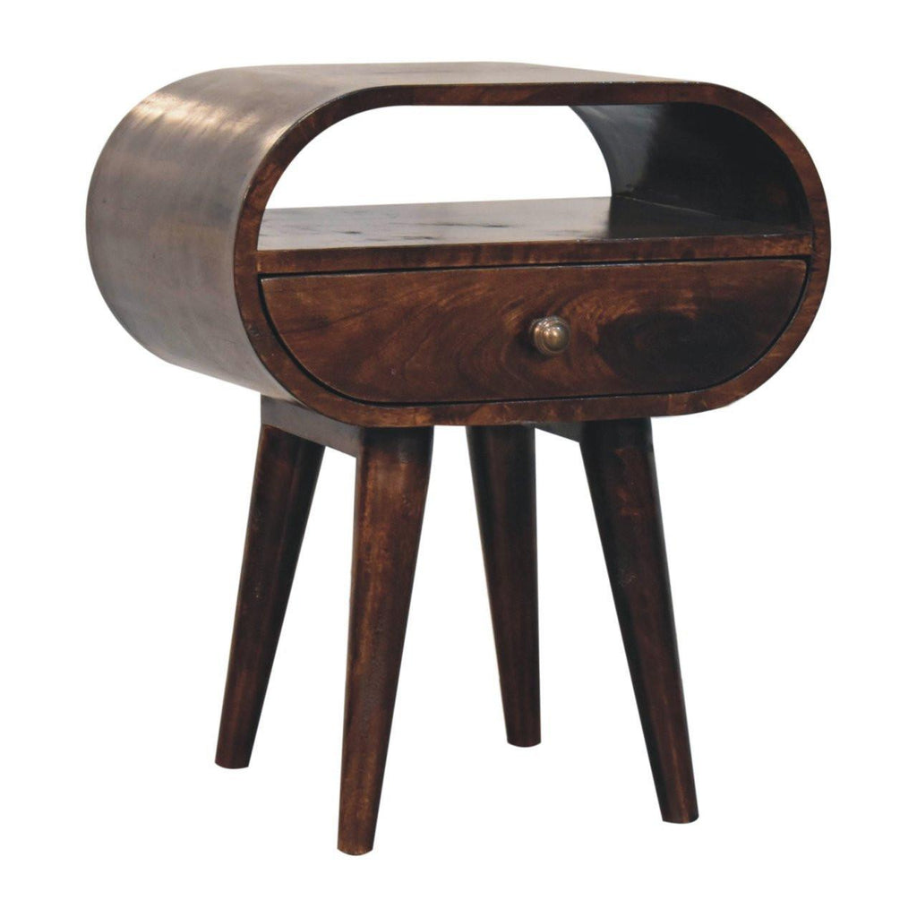 Solid Wood California Walnut Circular Bedside with 1-Drawer, Open Slot, Nordic Legs, Dark Brown.