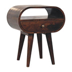 Solid Wood California Walnut Circular Bedside with 1-Drawer, Open Slot, Nordic Legs, Dark Brown.