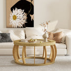 35-Inch Natural Rattan and Solid Wood Round Coffee Table