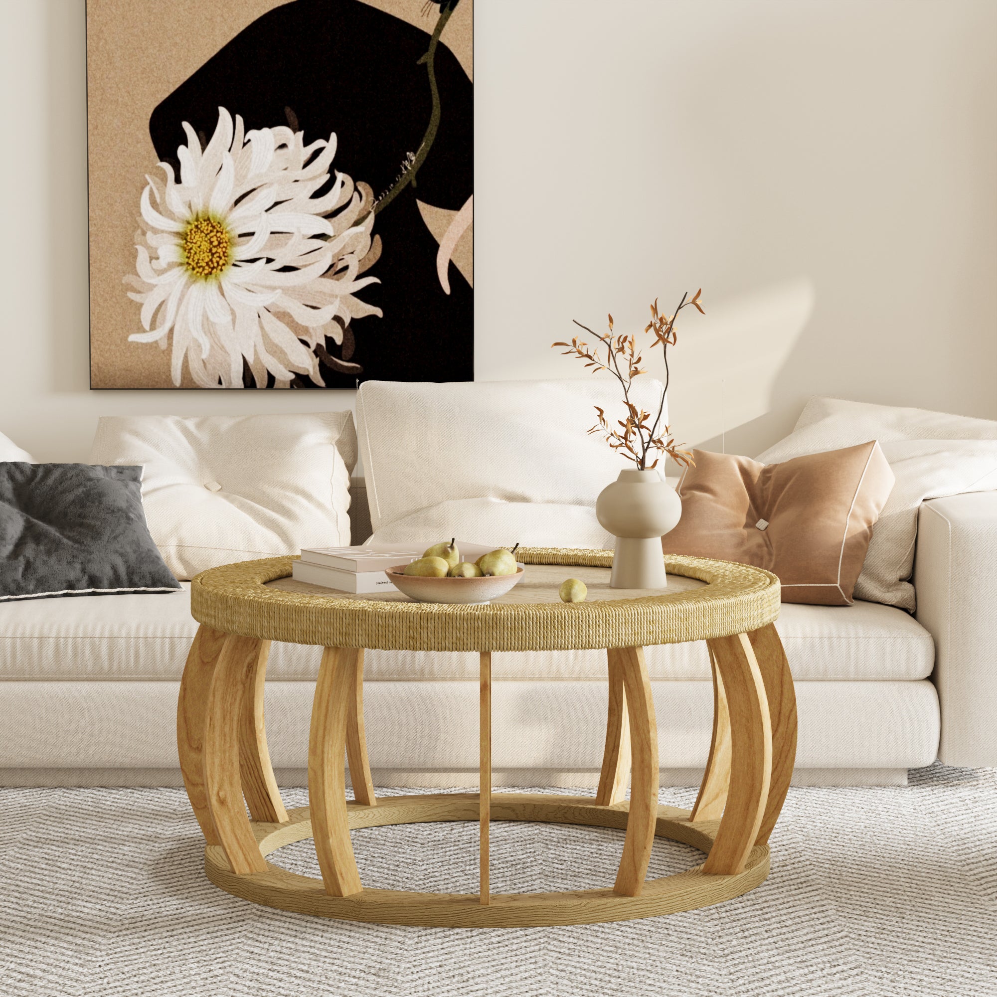 35-Inch Natural Rattan and Solid Wood Round Coffee Table