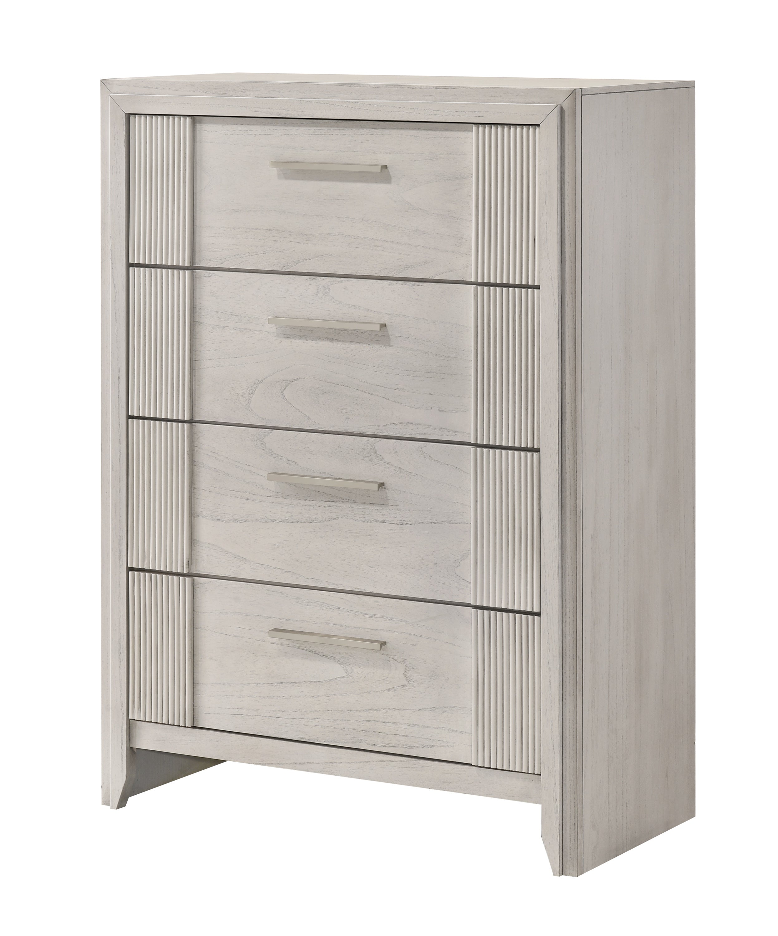 Contemporary 4-Drawer Chest - Tall Storage in mist white finish with sleek metal handles, ideal for modern bedroom organization.