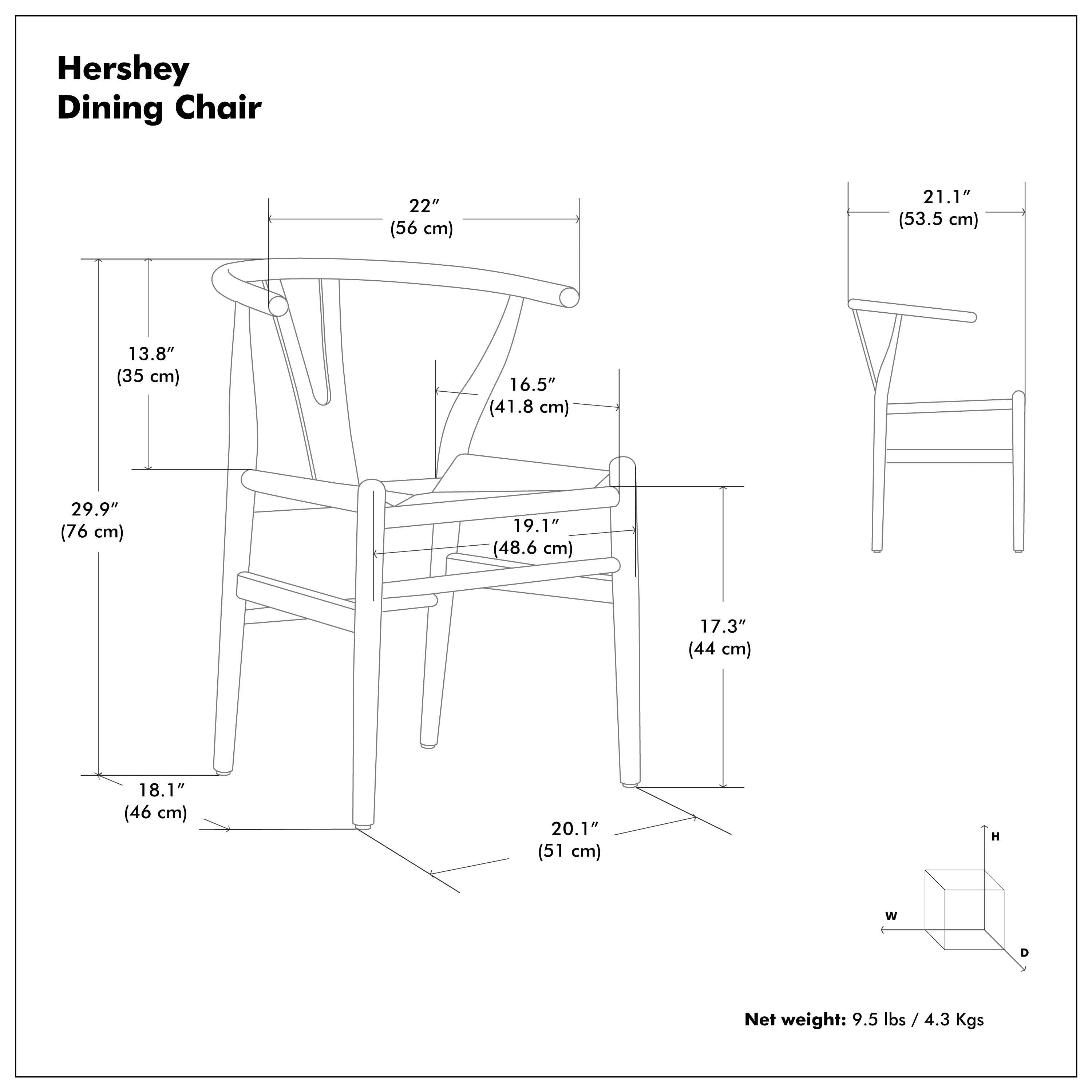 Hershey Dining Chairs Set of 2 - Ergonomic Design Wood with detailed dimensions diagram, showcasing Y-back structure and sustainable materials.