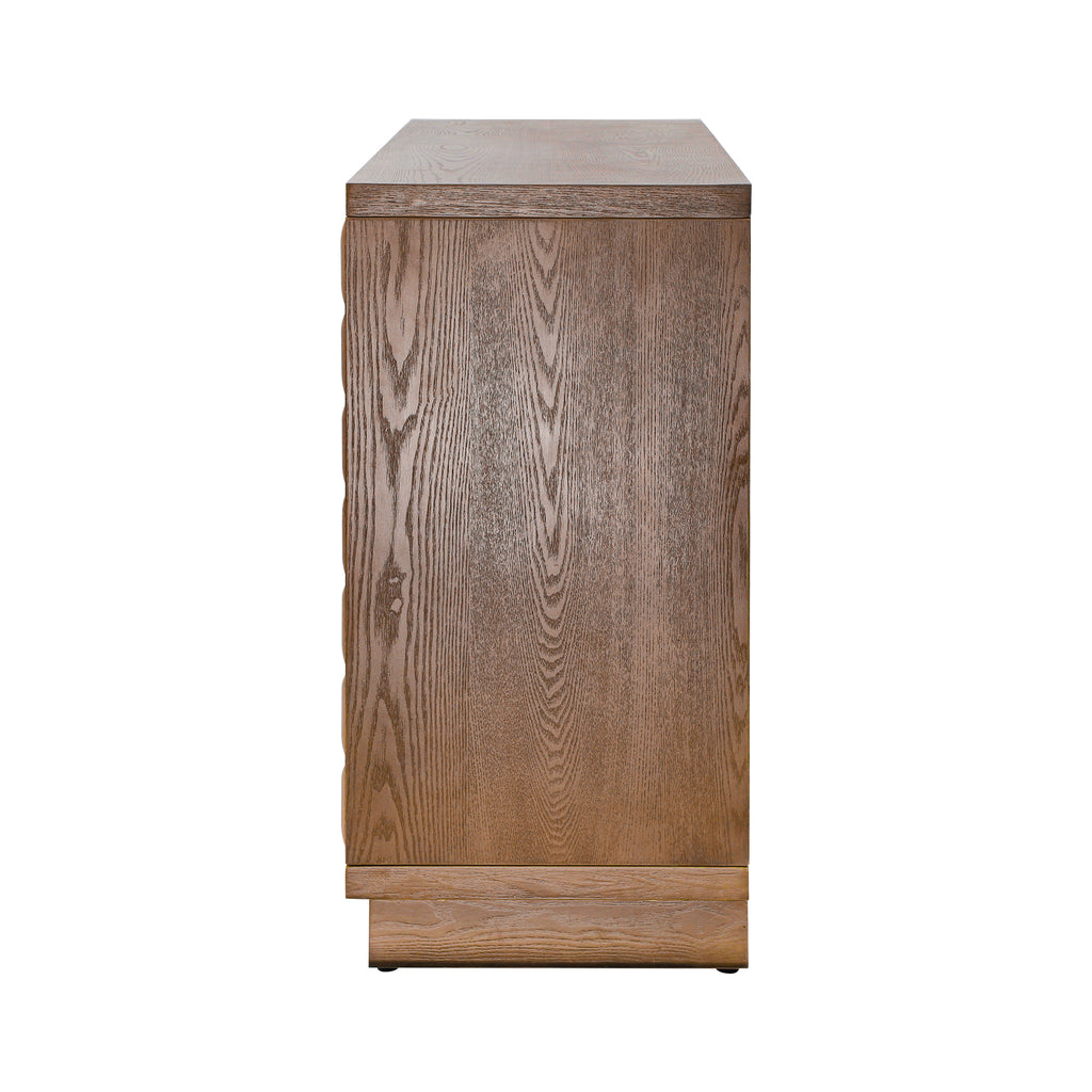 Side profile of 4-door storage cabinet with wood veneer finish, highlighting clean lines and craftsmanship.