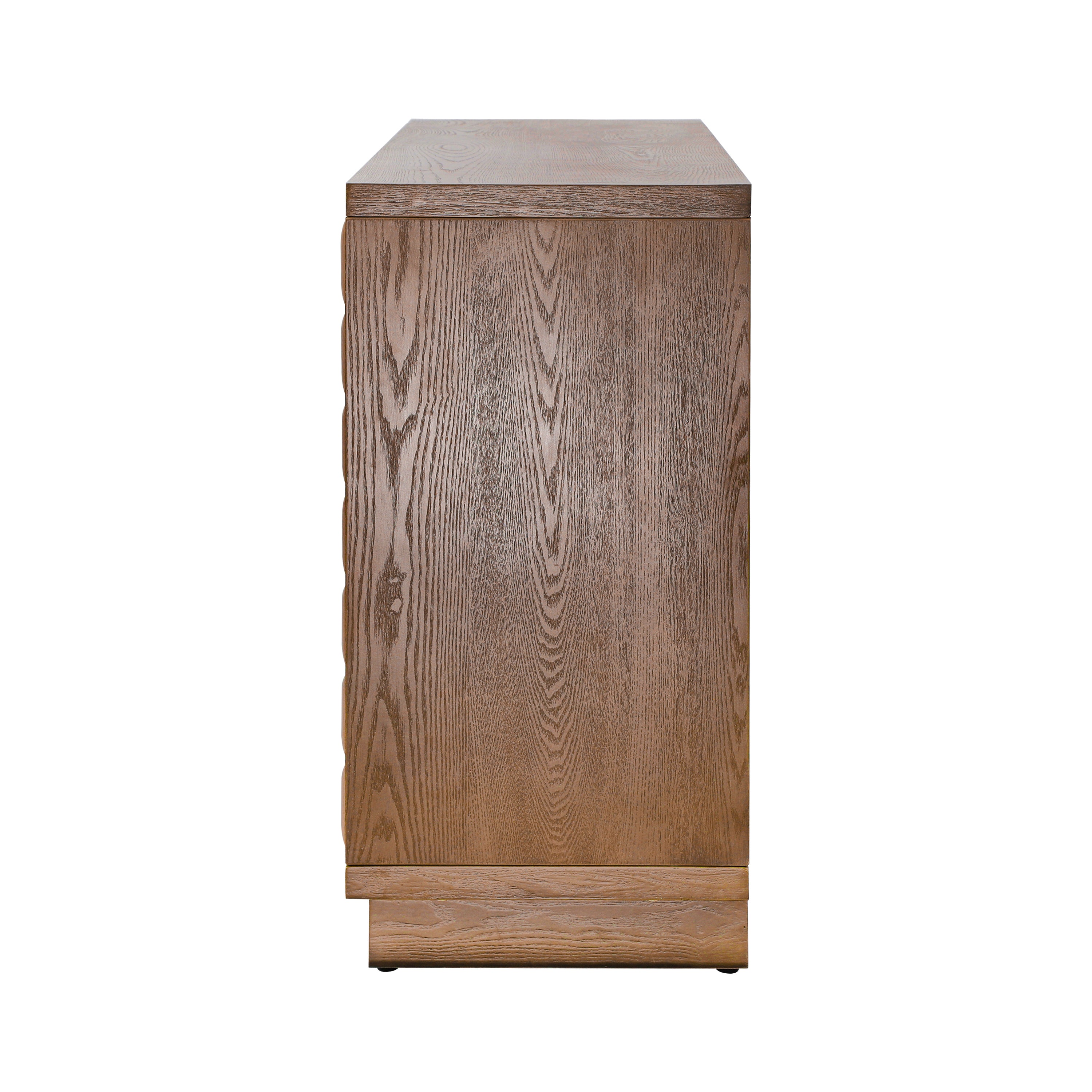 Side profile of 4-door storage cabinet with wood veneer finish, highlighting clean lines and craftsmanship.