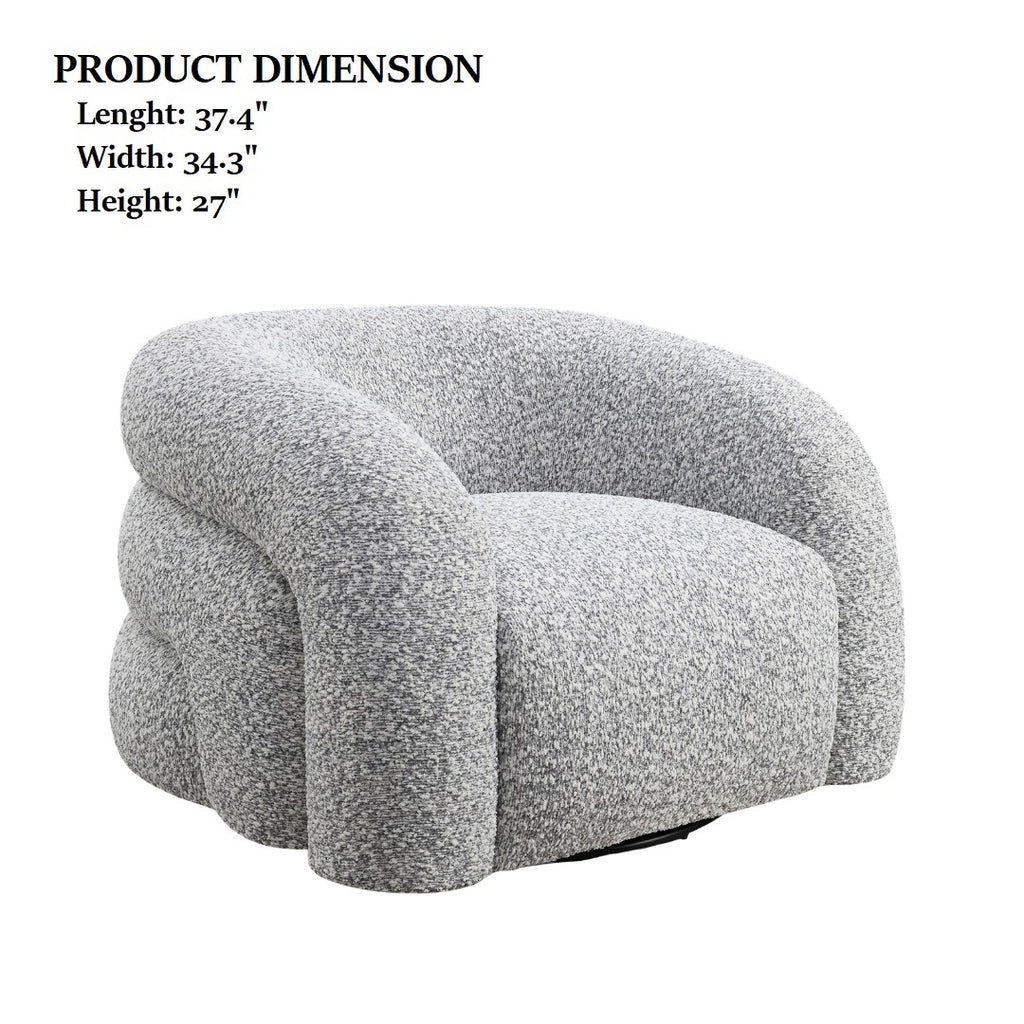 Product dimensions of the Contemporary Swivel Chair in gray: 37.4" length, 34.3" width, and 27" height, ideal for modern interiors.