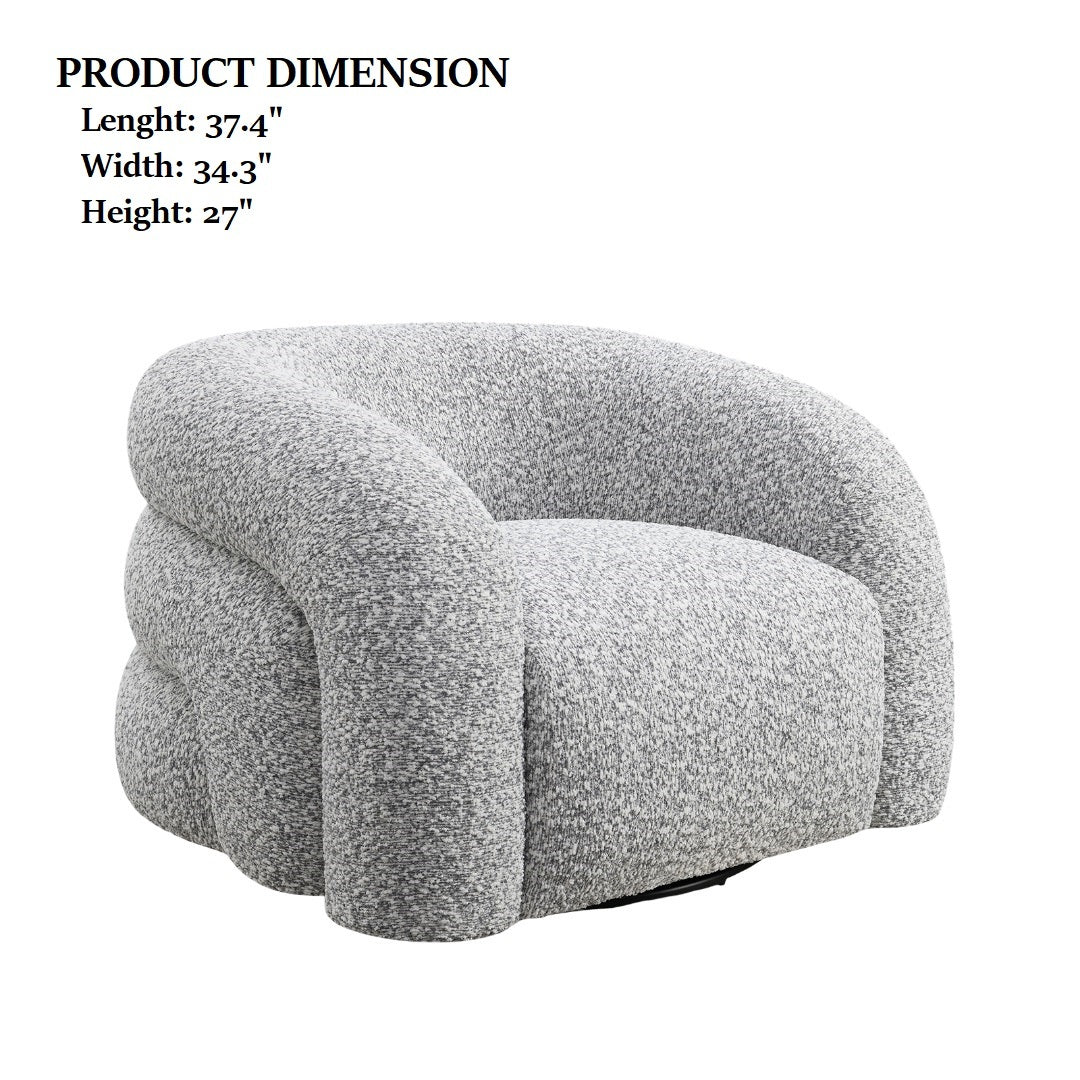 Product dimensions of the Contemporary Swivel Chair in gray: 37.4" length, 34.3" width, and 27" height, ideal for modern interiors.