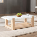 Modern coffee table with faux marble top and natural wood base, ideal for contemporary living rooms with minimalist decor.