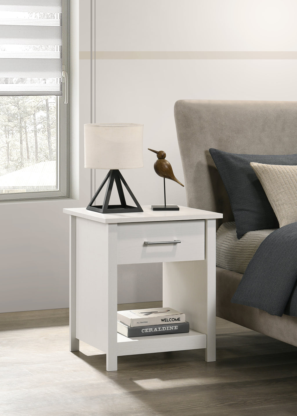Celeste Nightstand - White Drawer | Compact Modern Design beside bed with lamp and decor. Features one drawer and open shelf for storage.